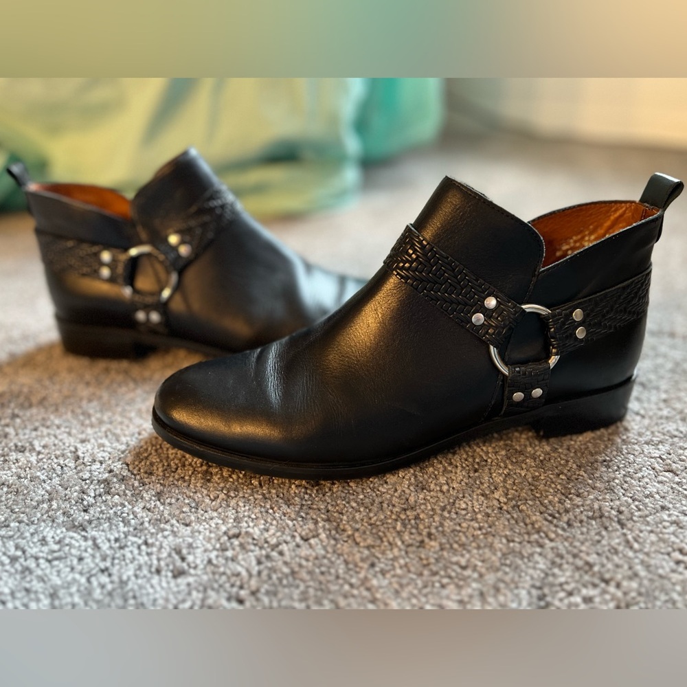 Women's Black Leather Ankle Booties with Braided Harness
